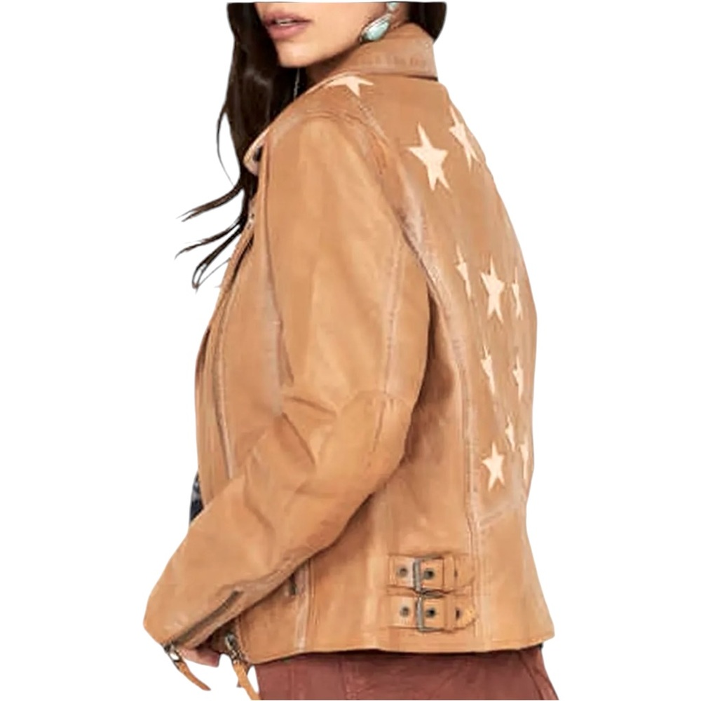 MARITIUS CHRISTY STAR MOTO LEATHER JACKET IN CARAMEL AND TAN BLUSH